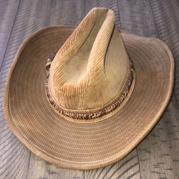 Country Gentleman’s Corduroy Wide Brim Ranch Hat in Tan Feather and braid accent main image 2